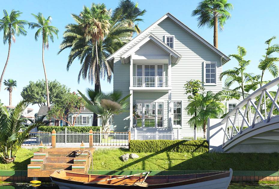 Tropical beach house near pond with boat, Coastal style house, 3d render